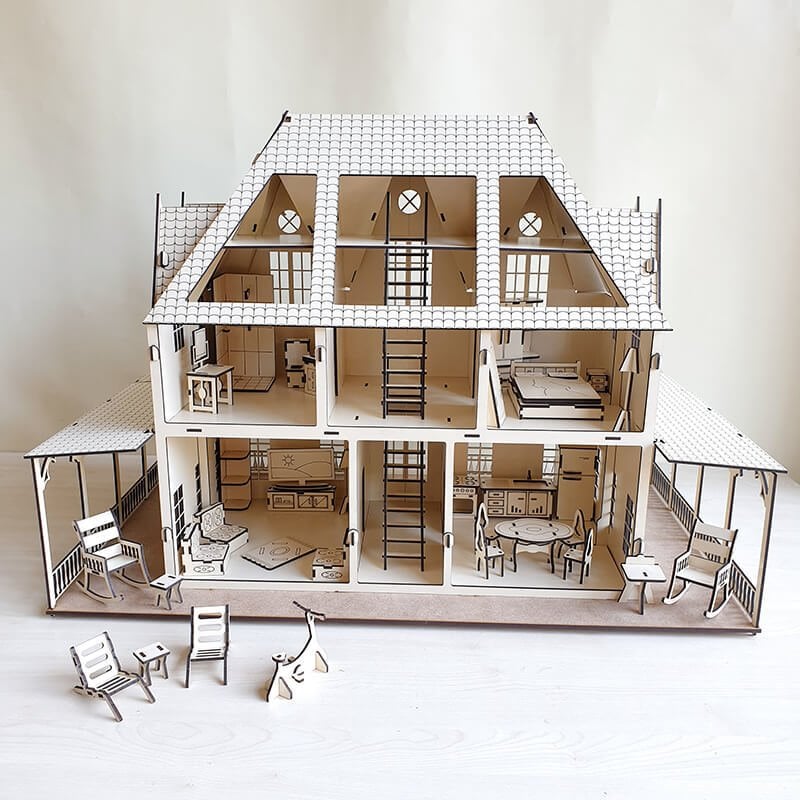 Puzzle Villa Oyun Evi Pzl-02 Krem Renk 3 Katlı Bahçeli Verandalı 34 Parça Mini Ev Mobilyası