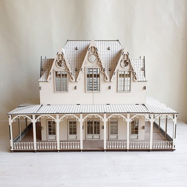 Puzzle Villa Oyun Evi Pzl-02 Krem Renk 3 Katlı Bahçeli Verandalı 34 Parça Mini Ev Mobilyası