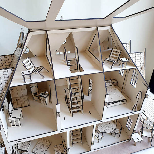 Puzzle Villa Oyun Evi Pzl-02 Krem Renk 3 Katlı Bahçeli Verandalı 34 Parça Mini Ev Mobilyası