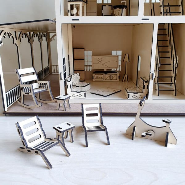 Puzzle Villa Oyun Evi Pzl-02 Krem Renk 3 Katlı Bahçeli Verandalı 34 Parça Mini Ev Mobilyası