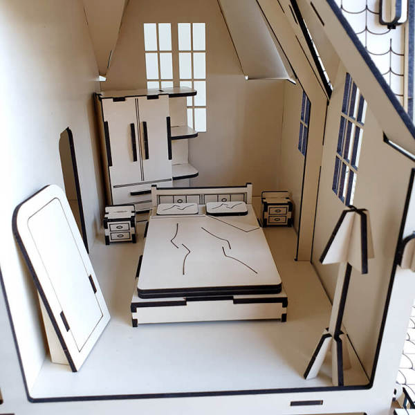 Puzzle Villa Oyun Evi Pzl-02 Krem Renk 3 Katlı Bahçeli Verandalı 34 Parça Mini Ev Mobilyası