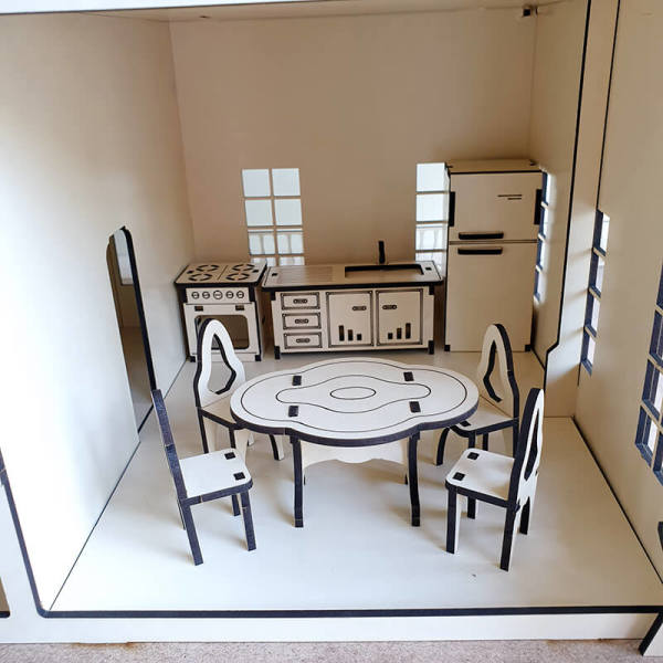 Puzzle Villa Oyun Evi Pzl-02 Krem Renk 3 Katlı Bahçeli Verandalı 34 Parça Mini Ev Mobilyası