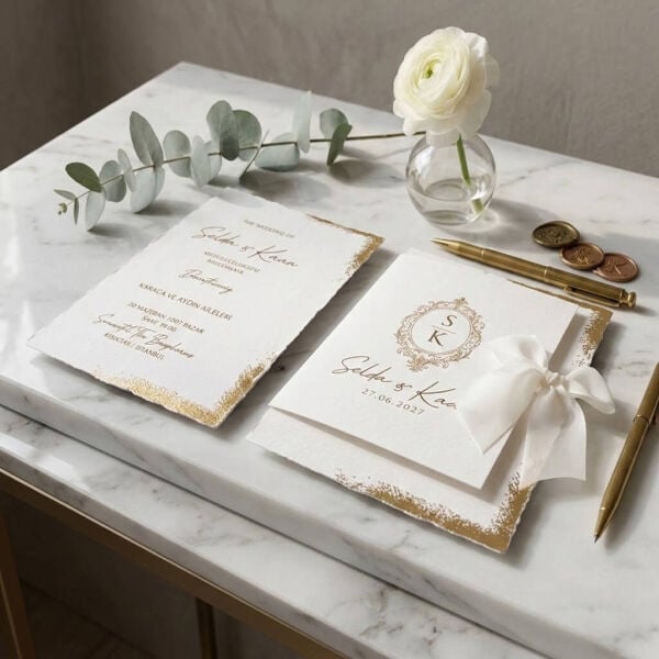 Düğün Davetiyesi Ar-602607 Kapaklı Kurdeleli Gold Varak İşlemeli Dalgalı Kesim Modern Davetiye