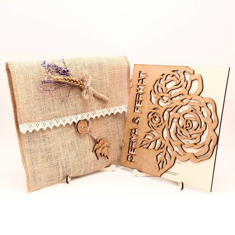 Ahşap Düğün Davetiyesi Modelleri | AHD-3066a Gül Motifli Davetiye