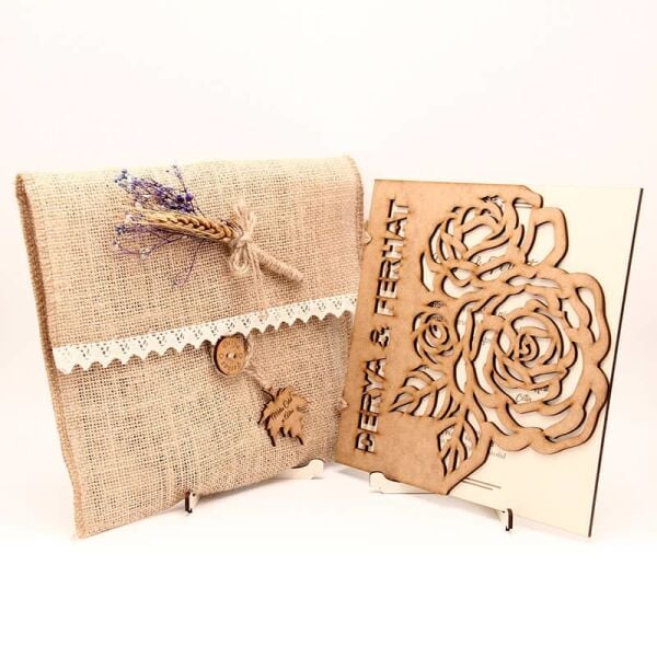 Ahşap Düğün Davetiyesi Modelleri | AHD-3066a Gül Motifli Davetiye