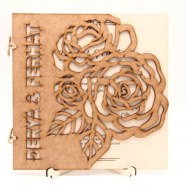 Ahşap Düğün Davetiyesi Modelleri | AHD-3066b Gül Motifli Davetiye