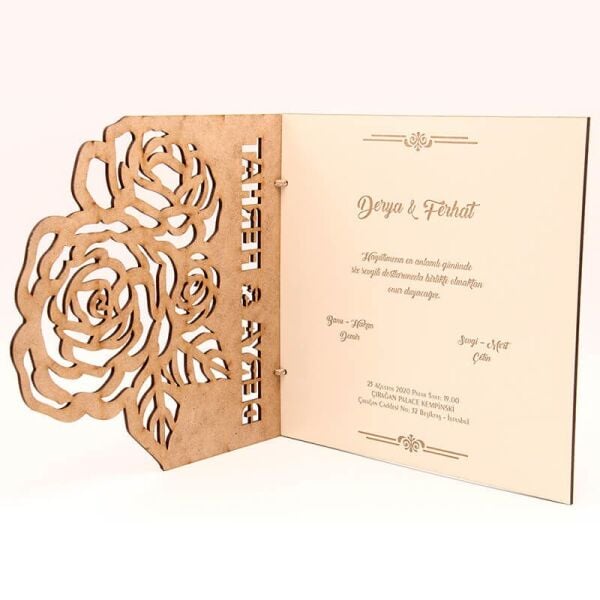 Ahşap Düğün Davetiyesi Modelleri | AHD-3066c Gül Motifli Davetiye