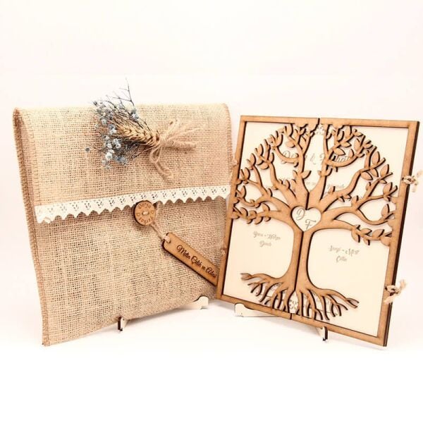 Ahşap Düğün Davetiyesi Modelleri | AHD-3067a Ağaç Motifli Kare Davetiye