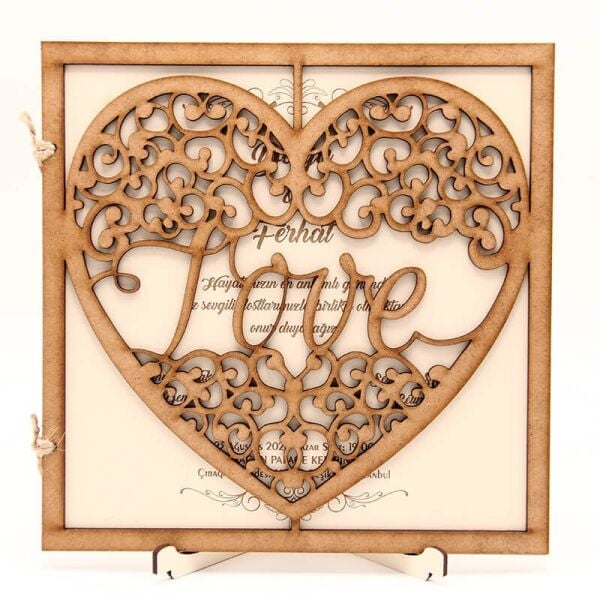 Ahşap Düğün Davetiyesi Modelleri I love you Kalp Desenli Davetiye AHD-3069b
