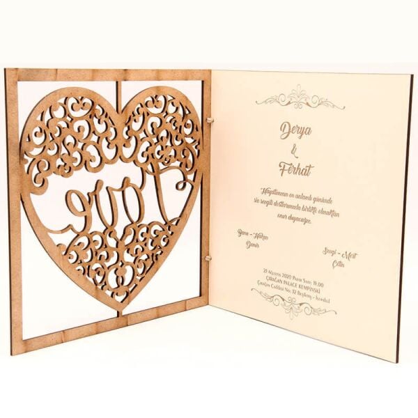 Ahşap Düğün Davetiyesi Modelleri I love you Kalp Desenli Davetiye AHD-3069c