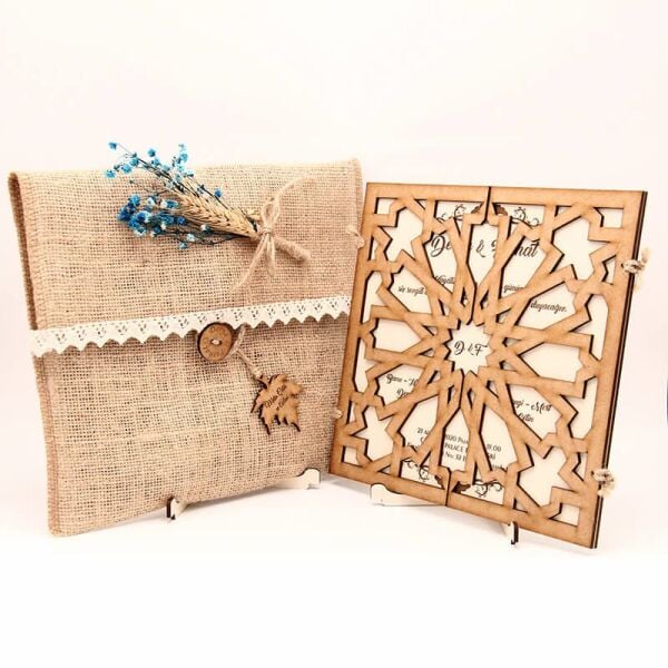 Ahşap Düğün Davetiyesi Modelleri 12 Köşeli Yıldız Desen Davetiye AHD-3071a