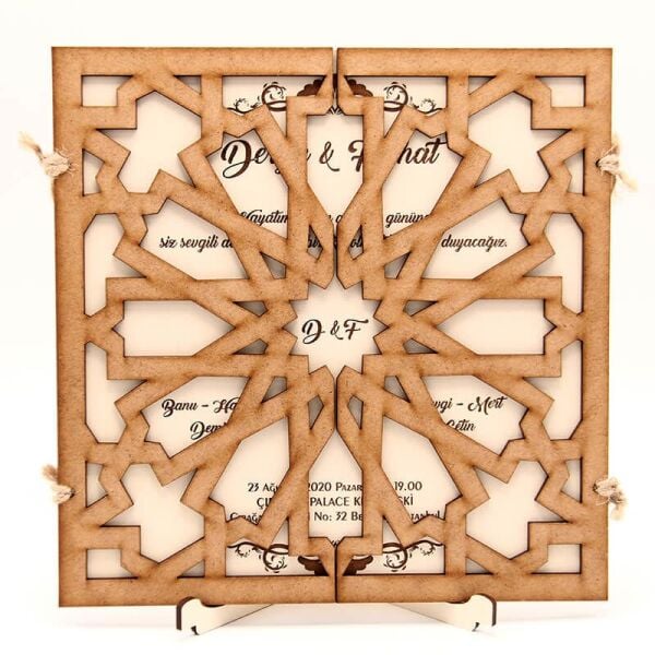 Ahşap Düğün Davetiyesi Modelleri 12 Köşeli Yıldız Desen Davetiye AHD-3071b