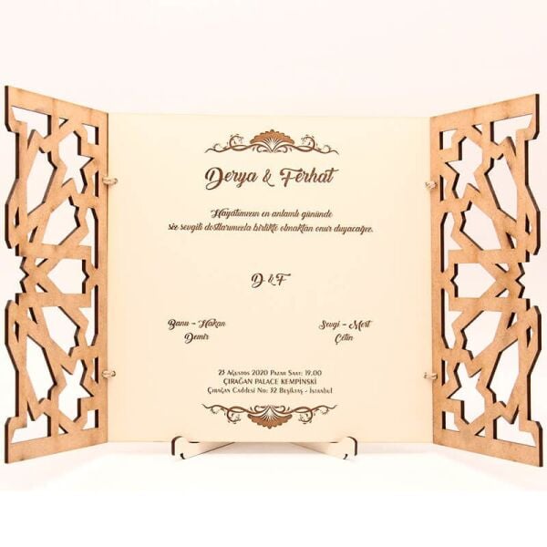 Ahşap Düğün Davetiyesi Modelleri 12 Köşeli Yıldız Desen Davetiye AHD-3071c
