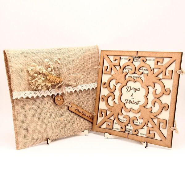 Ahşap Düğün Davetiyesi Modelleri Papatya Göbeği Pencereli Davetiye AHD-3073a