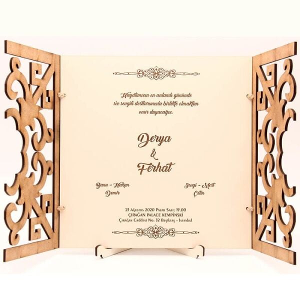 Ahşap Düğün Davetiyesi Modelleri Papatya Göbeği Pencereli Davetiye AHD-3073c