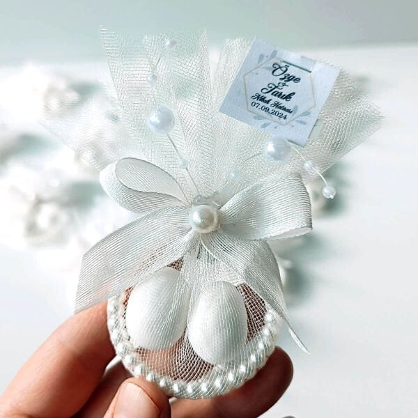 Nikah Şekeri Tül İçinde 2 Şekerli İncili Bilezik Halkası Magnet Nks-274b