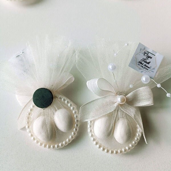 Nikah Şekeri Tül İçinde 2 Şekerli İncili Bilezik Halkası Magnet Nks-274