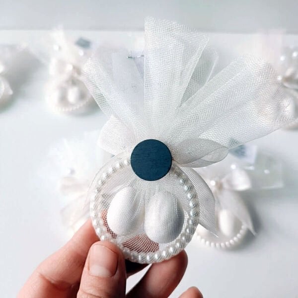 Nikah Şekeri Tül İçinde 2 Şekerli İncili Bilezik Halkası Magnet Nks-274g