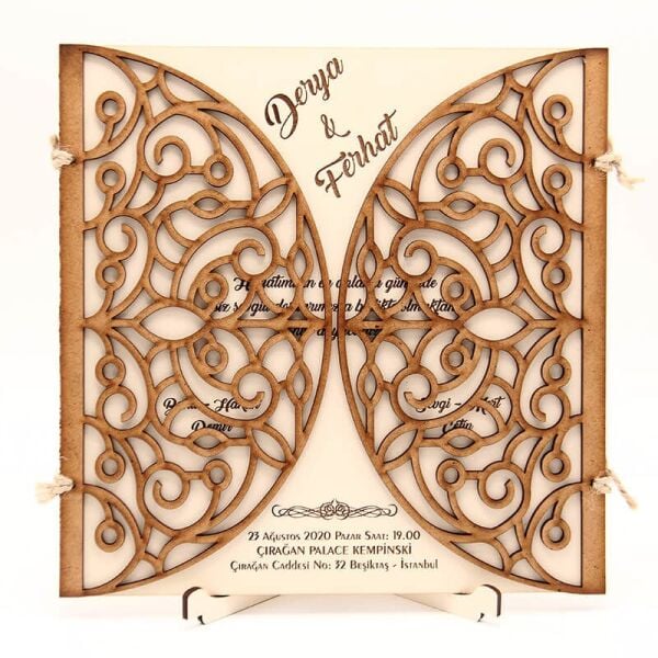 Ahşap Düğün Davetiyesi Modelleri Kelebek Kanadı Desenli Davetiye AHD-3074b