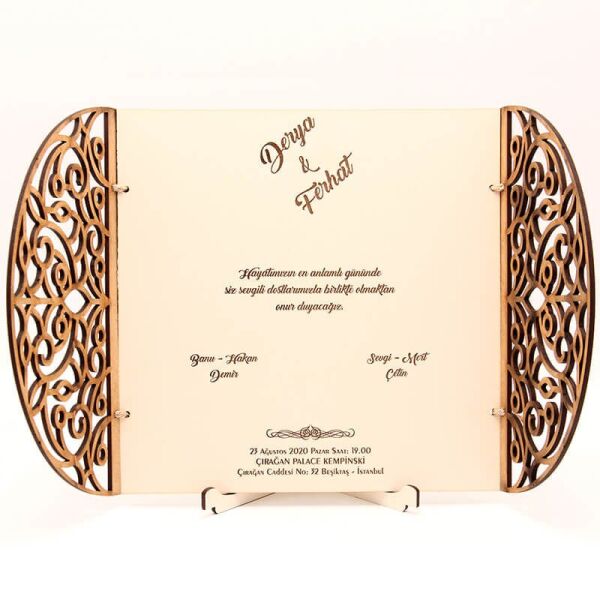 Ahşap Düğün Davetiyesi Modelleri Kelebek Kanadı Desenli Davetiye AHD-3074c