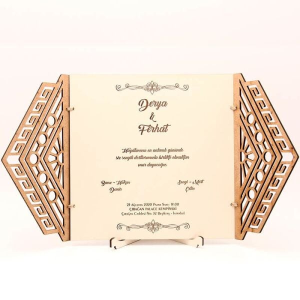 Ahşap Düğün Davetiyesi Modelleri Çift Üçgen Kenar Desenli Davetiye AHD-3075c