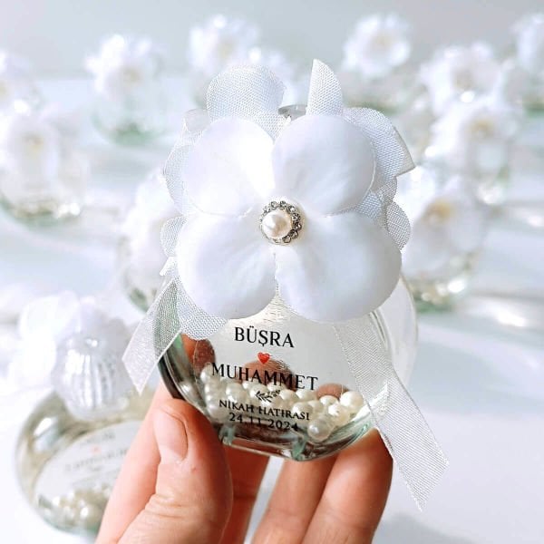 Nikah Şekeri Hediyeliği 50cc Sim İnci ve Kolonya Dolu Oval Şişe Nks-276