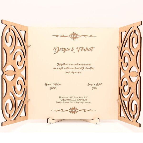 Ahşap Düğün Davetiyesi Modelleri Geometrik Desenli Davetiye AHD-3076c