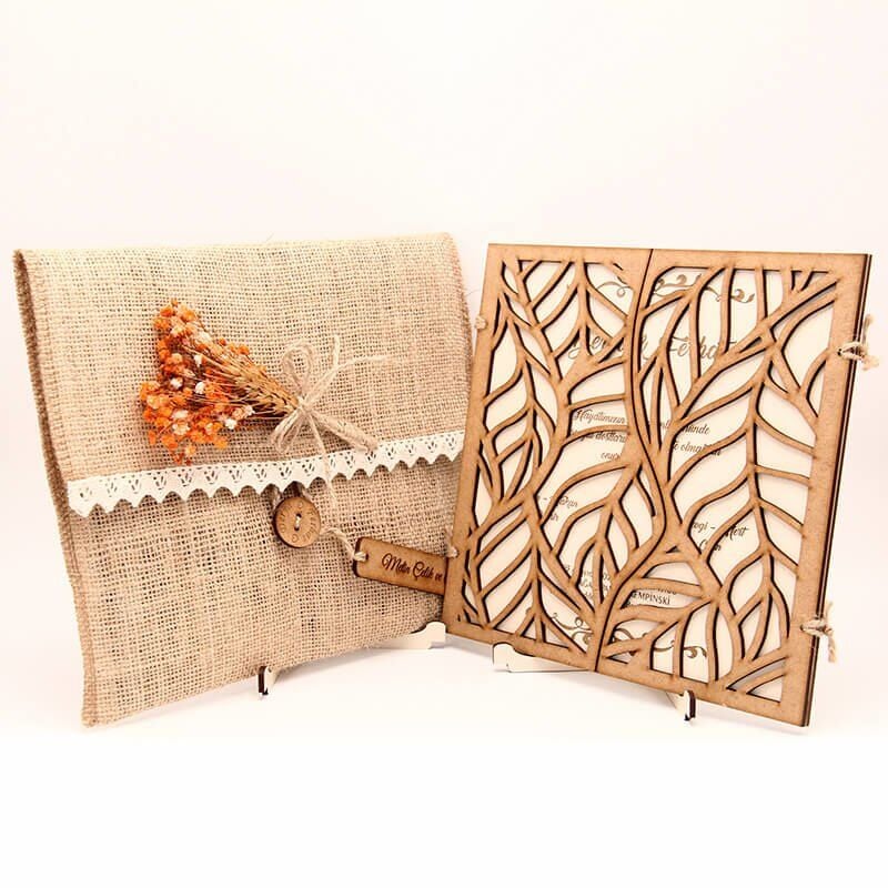 Ahşap Düğün Davetiyesi Modelleri Yaprak Desenli Davetiye AHD-3077a