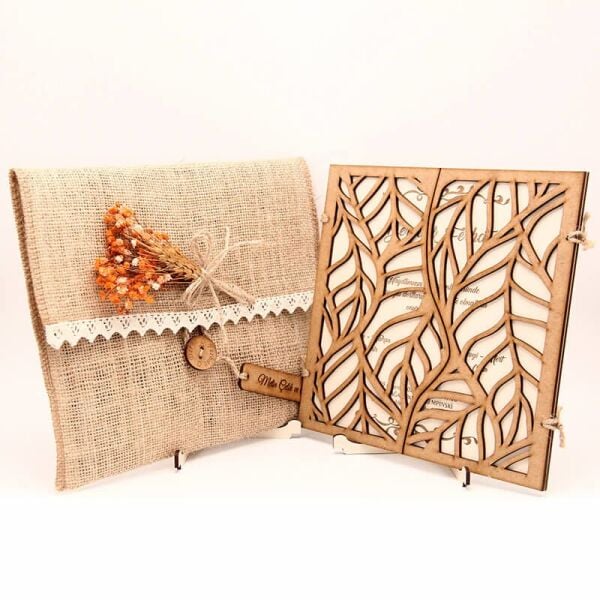 Ahşap Düğün Davetiyesi Modelleri Yaprak Desenli Davetiye AHD-3077a