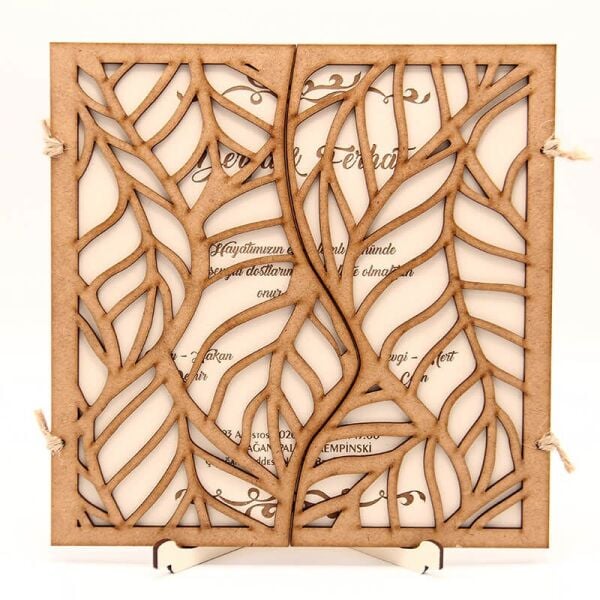 Ahşap Düğün Davetiyesi Modelleri Yaprak Desenli Davetiye AHD-3077b