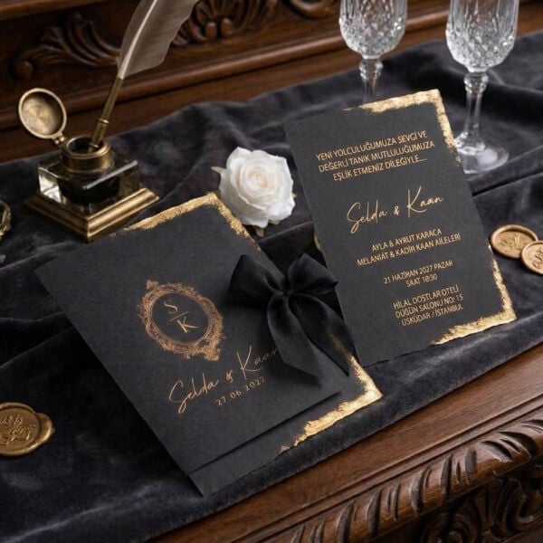 Düğün Davetiyesi Ar-602608 Kurdeleli Gold Varak İşlemeli Dalgalı Kesim Siyah Davetiye