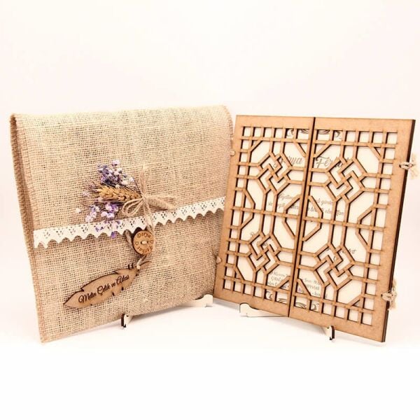 Ahşap Düğün Davetiyesi Modelleri İç İçe Geçmiş Kare Desen Davetiye AHD-3080a