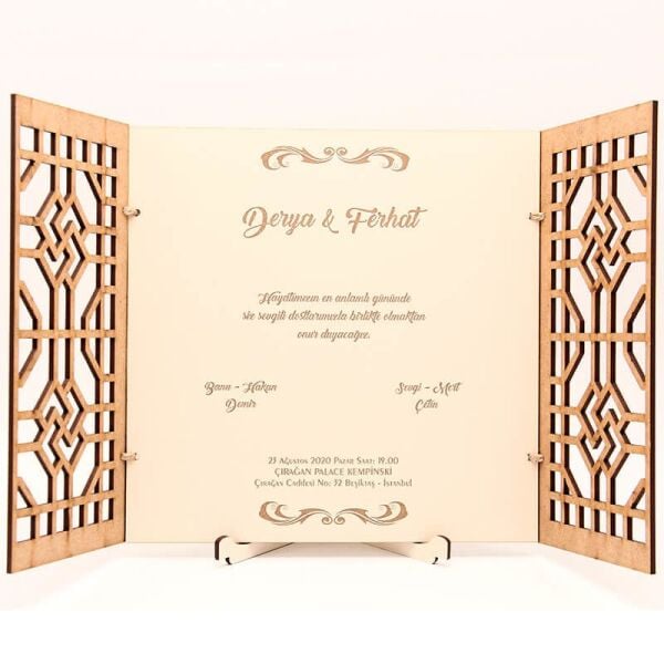 Ahşap Düğün Davetiyesi Modelleri İç İçe Geçmiş Kare Desen Davetiye AHD-3080c
