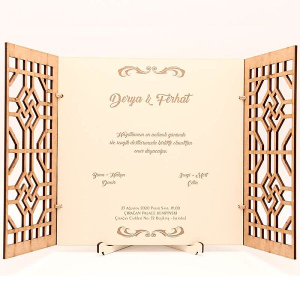 Ahşap Düğün Davetiyesi Modelleri İç İçe Geçmiş Kare Desen Davetiye AHD-3080c