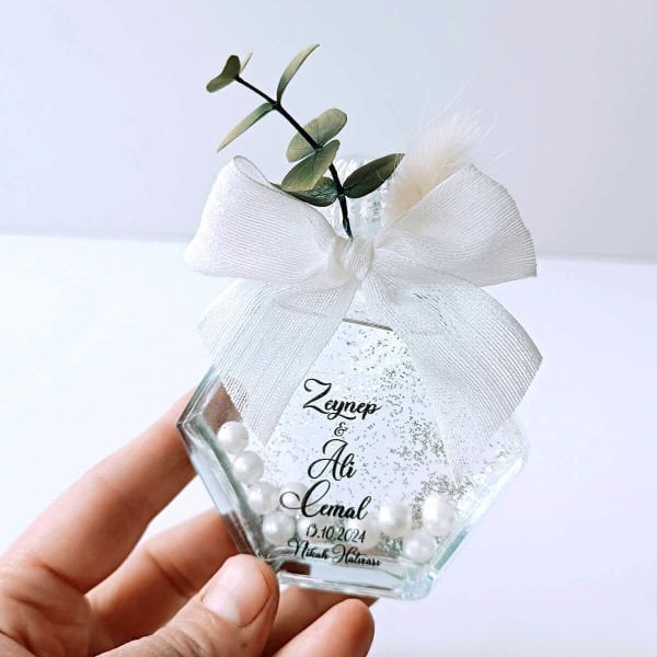 Nikah Şekeri Hediyelikleri Okaliptus Çiçekli Altıgen Cam Kolonya Şişesi Nks-281B