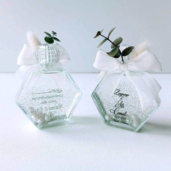 Nikah Şekeri Hediyelikleri Okaliptus Çiçekli Altıgen Cam Kolonya Şişesi Nks-281B