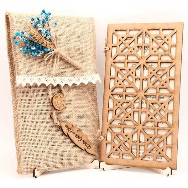 Ahşap Düğün Davetiyesi Modelleri Karışık Geometrik Desenli Davetiye AHD-3039a