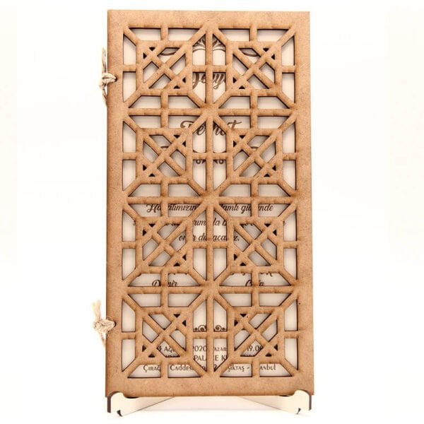 Ahşap Düğün Davetiyesi Modelleri Karışık Geometrik Desenli Davetiye AHD-3039b