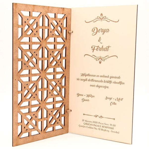 Ahşap Düğün Davetiyesi Modelleri Karışık Geometrik Desenli Davetiye AHD-3039c